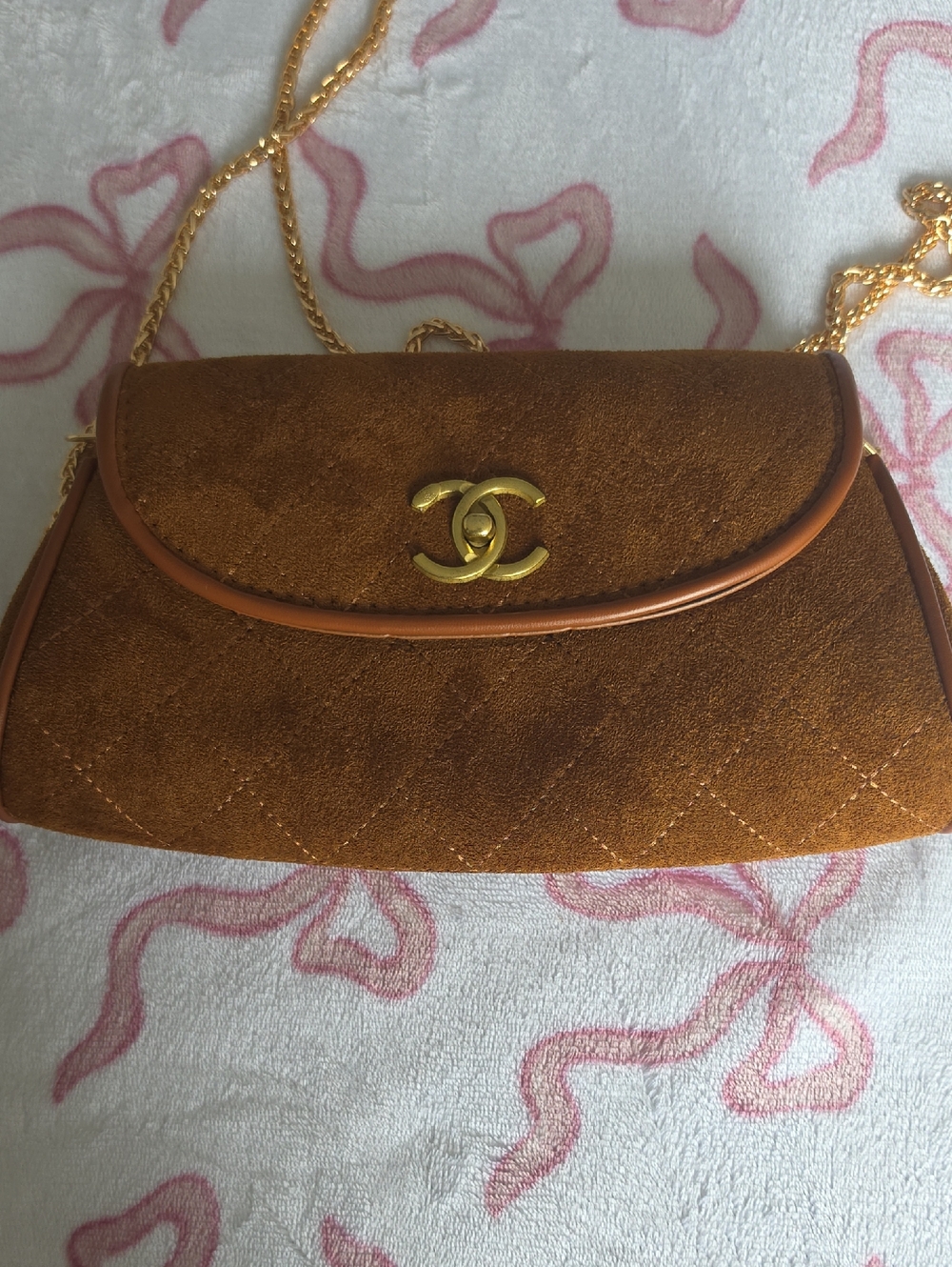 CHANEL Brown Suede Quilted Crossbody with Gold Chain Strap